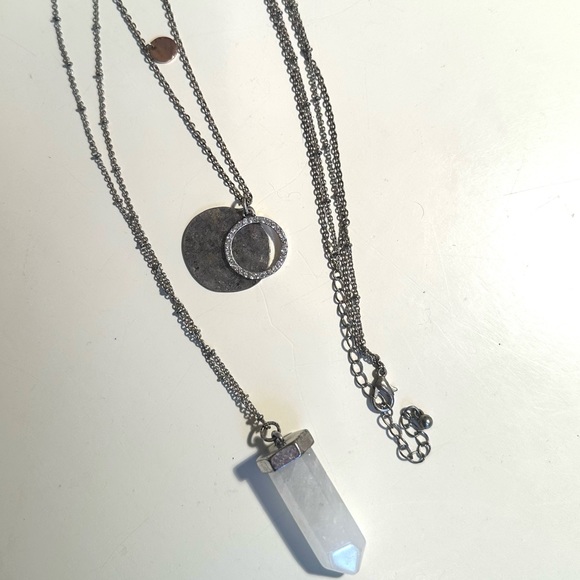 Double Chain Trinket Necklace EUC Silver Crystal copper and white Stone - Picture 3 of 9